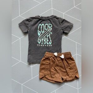 Binky Bro|Baby boy summer outfit,Good Vibes Graphic Tee with Brown Shorts•12/18M